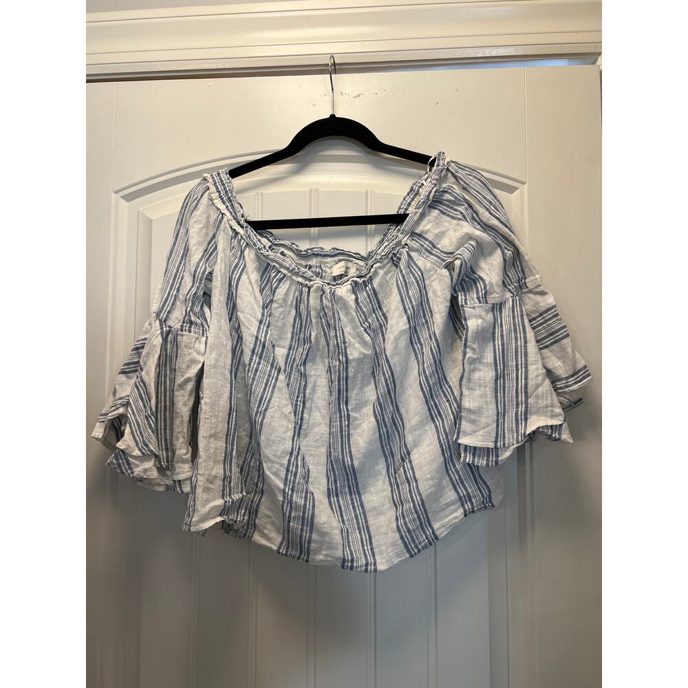 Lucky Brand Women’s Off The Shoulder Striped Top Size L‎ White Blue Bell Sleeve
